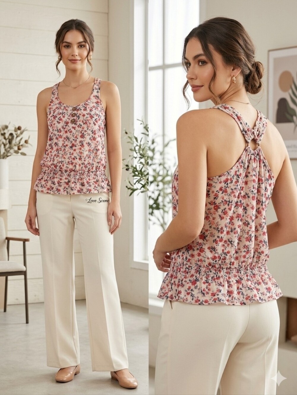 Floral Scoop Neck Tank Top with Button Detail - Pink/Cream